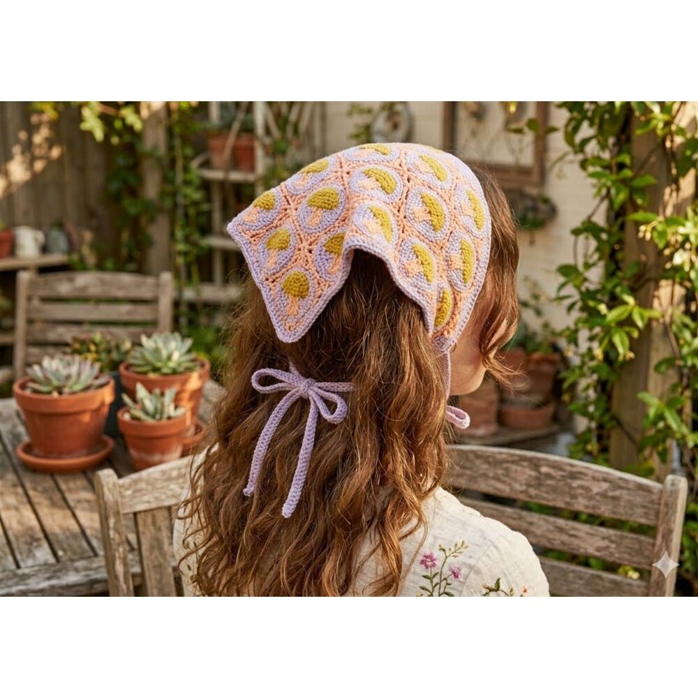 Crochet Mushroom Hair Bandana Cottagecore Knit Scarf Head Wrap